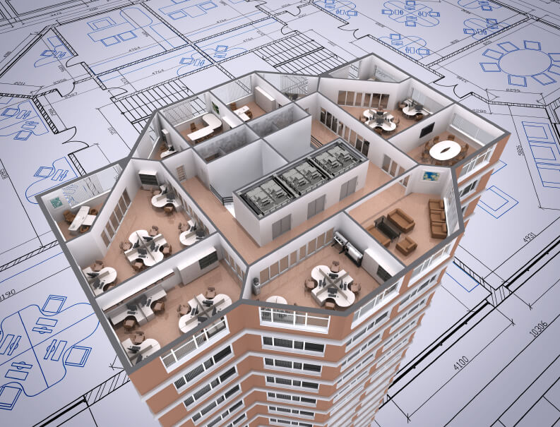 3D cut of office building on architect's drawing.